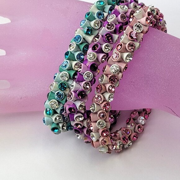 Turquoise Blue and White Rhinestone Stretch Bracelet - Picture 2 of 11